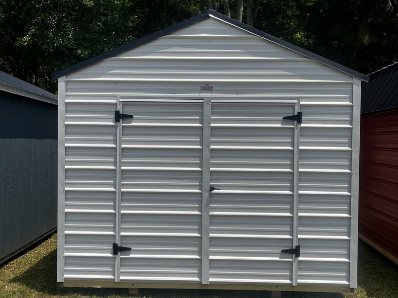 Outland Trailers 10x16 metal utility shed with double doors and vented roof, ideal for storage and outdoor organization