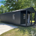 Outland Trailers 12x36 cabin trailer with wooden exterior and metal frame, ideal for camping or mobile tiny home use.