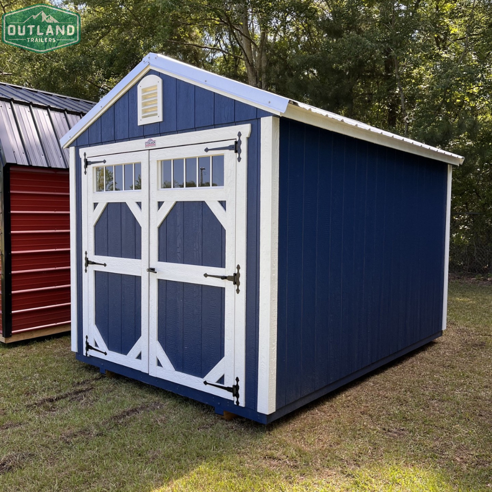 Outland Trailers 8x12 garden shed with double doors and wooden exterior for outdoor storage solutions.