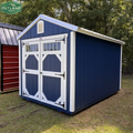 Outland Trailers 8x12 garden shed with double doors and wooden exterior for outdoor storage solutions.
