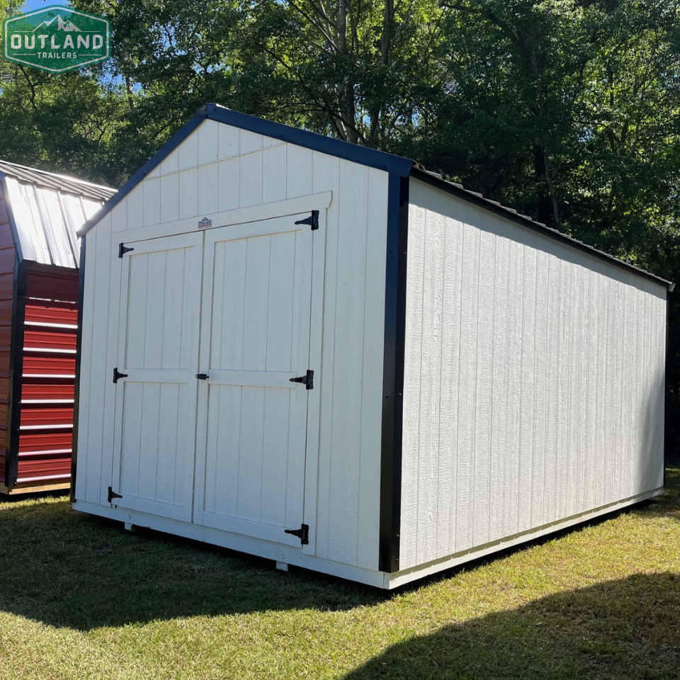 Outland Trailers 10x16 Tru-Valu Utility Shed with double doors, durable metal construction, and secure lockable design.