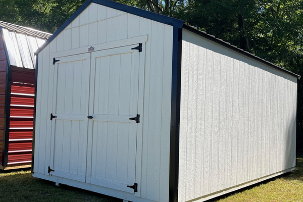 Outland Trailers 10x16 Tru-Valu Utility Shed with double doors, durable metal construction, and secure lockable design.