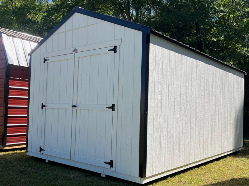 Outland Trailers 10x16 Tru-Valu Utility Shed with double doors, durable metal construction, and secure lockable design.